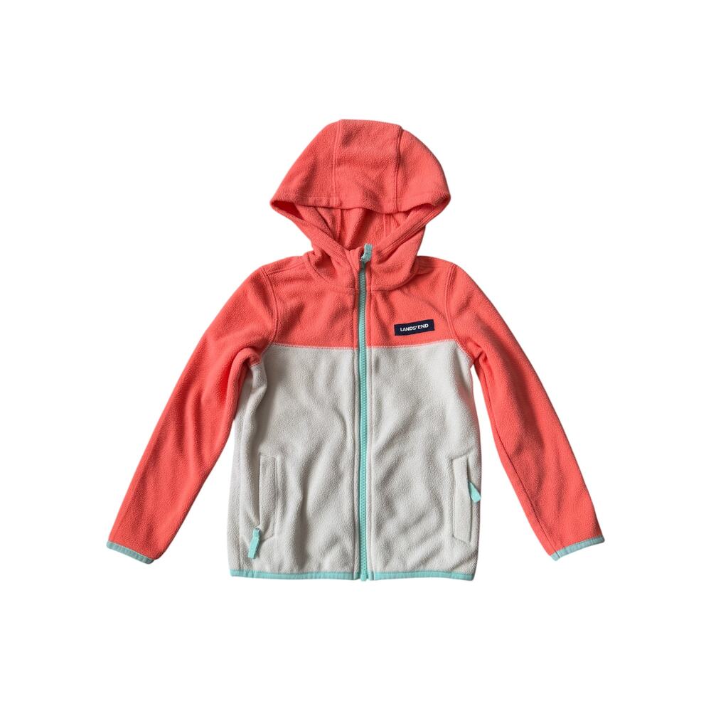 Lands' End Colorblock Fleece Zip Hoodie Girls 4T Coral Cream